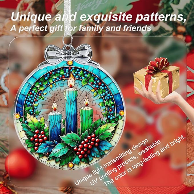 Christmas Candle Stained Glass Ornament - Hanging Ornaments for Christmas Tree, Christmas Ornaments Xmas Decorations, Holiday Keepsake Present Exchange Ideas