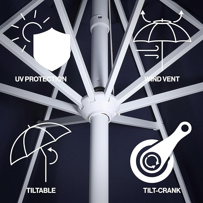 JONATHAN Y UMB1002G Tracy 9 ft. Classic MidCentury Scalloped Fringe Market Patio Umbrella with Auto-Tilt Crank, Wind Vent and UV Protection in Navy/White, White Pole