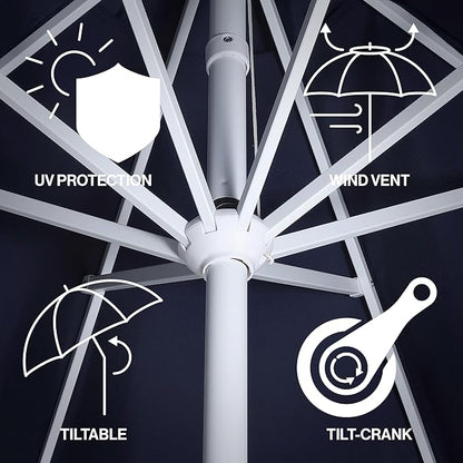 JONATHAN Y UMB1002G Tracy 9 ft. Classic MidCentury Scalloped Fringe Market Patio Umbrella with Auto-Tilt Crank, Wind Vent and UV Protection in Navy/White, White Pole