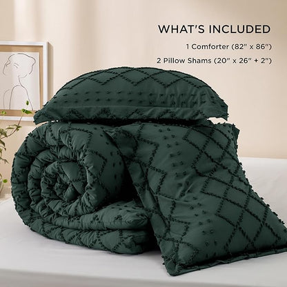 Bedsure Full Comforter Set - Forest Green Comforter, Boho Tufted Shabby Chic Bedding for Kids, 3 Pieces Vintage Farmhouse Bed Set for All Seasons, Fluffy Soft Bedding with 2 Pillow Shams