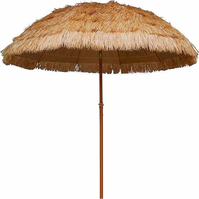 AMMSUN 7.5ft Hula Thatched Tiki Patio Beach Umbrella Hawaiian Style 10 Ribs UPF 50+ with Tilt Carry Bag for Outdoor Tiki Bar, Tropical Palapa, Patio Garden Beach Pool Backyard Natural Color