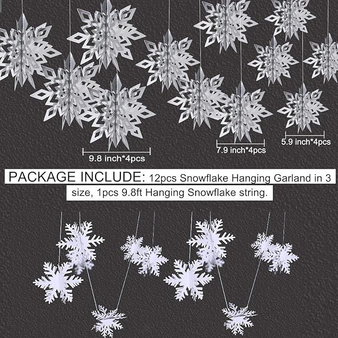 OuMuaMua Winter Christmas Hanging Decorations, 12PCS 3D Large Silver Snowflakes & 12PCS White Paper Snowflakes Hanging Garland for Christmas Winter Wonderland Holiday New Year Party Home