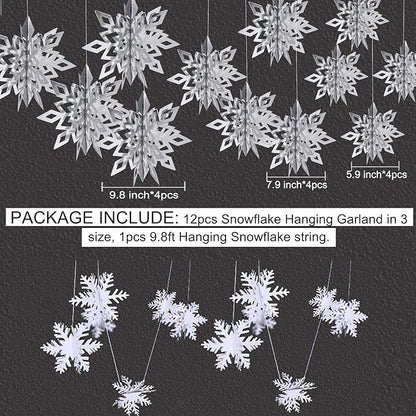 OuMuaMua Winter Christmas Hanging Decorations, 12PCS 3D Large Silver Snowflakes & 12PCS White Paper Snowflakes Hanging Garland for Christmas Winter Wonderland Holiday New Year Party Home