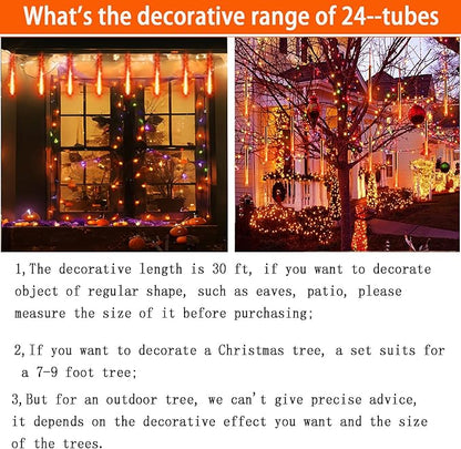 Halloween Lights, 24Tubes(Equivalent to 3 Sets of 8-Tubes) Purtuemy Meteor Shower Orange Lights Icicle String Lights for Halloween Christmas Decorations Tree Party Yard Outdoor Fall Decor, UL Plug