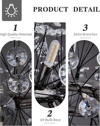 Modern Firework Chandelier, Farmhouse Black Crystal Round Dandelion Sputnik Chandeliers, 31.5" Contemporary 20-Light Pendant Hanging Lighting for Dining Room Kitchen Bedroom Living Room