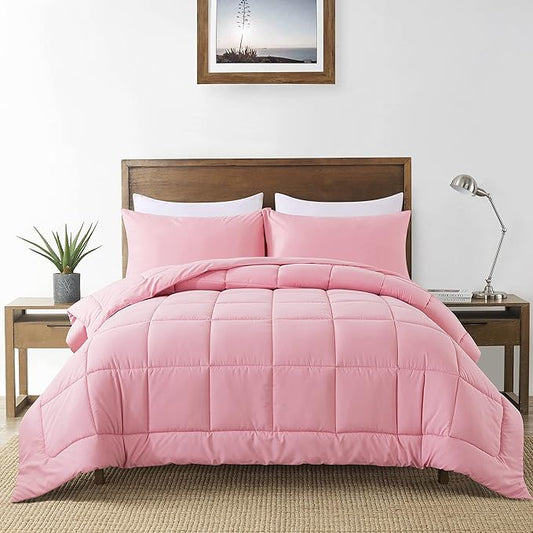 DOWNCOOL Twin Comforter Set -All Season Bedding Comforters Sets with 1 Pillow Case -2 Pieces Bed Set Down Alternative Comforter Set -Pink Twin Bedding Sets(64"x88")