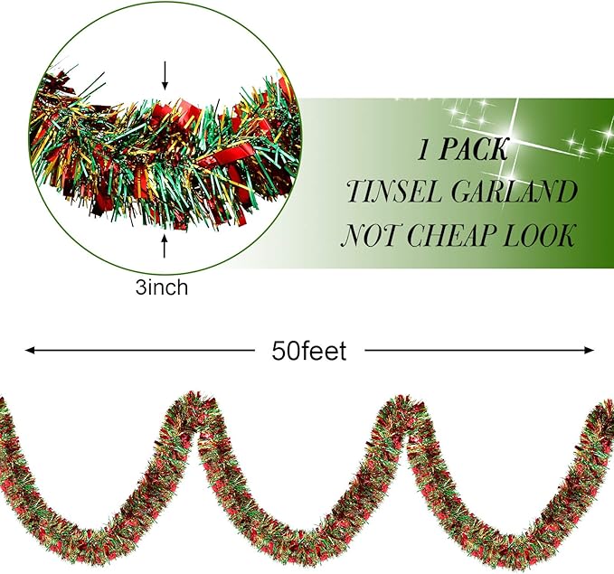 50 Feet Christmas Tinsel Garland Metallic Twist Garland Xmas Tree Decorations Wedding Birthday New Year Hanging Ornaments Party Supplies 3 Inch(Red, Green and Gold)