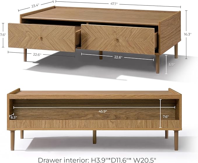 LuxenHome Wood Coffee Table with Storage, 47" Mid Century Modern Coffee Tables with 2-Drawer, Center Table for Small Space, Rectangular Cocktail Tea Tables for Living Room, Office