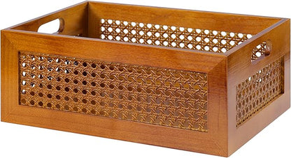 Wooden Storage Basket Handmade Rattan Drawer Storage Box with Frame & Handles Decorative Natural Bamboo Woven Bins Rustic Farmhouse Decor Home Office Tabletop Shelf Organizer 13.8" x 9.8" x 5.5"