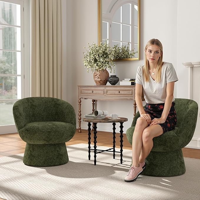 360° Swivel Accent Chair with Curved Back, Modern Green Chenille Upholstered Round Barrel Chair, Bucket Vanity Armchair for Small Space,Living Room, Bedroom