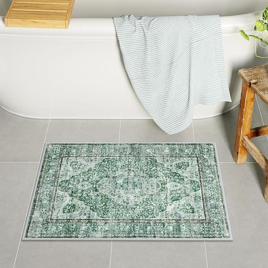Uphome Green Bath Mat, Distressed Farmhouse Boho Bathroom Rugs, Super Cozy Velvet Small Bathroom Mats, Non Slip Machine Washable Bathroom Floor Mat for Toilet Sink Shower, 18x26 inch