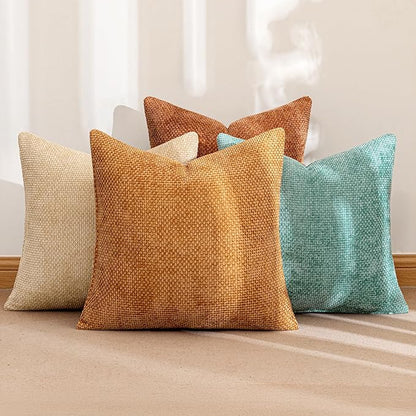 MIULEE Pack of 4 Orange/Teal Throw Pillow Covers 20x20 Inch Yellow Green Soft Decorative Chenille Pillows Farmhouse Accent Cushions for Boho Home Decor Spring Bedroom Living Room