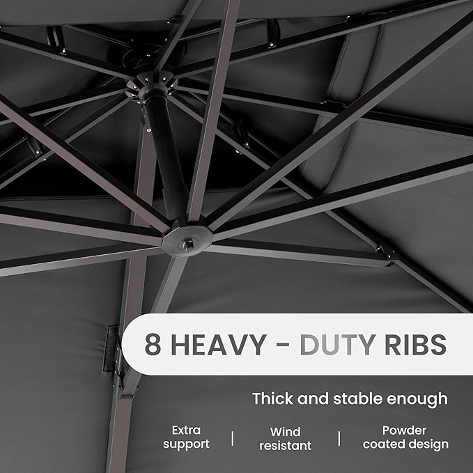 10 X 13 FT Cantilever Patio Umbrella Outdoor Heavy Duty Double Top Windproof Rectangle Offset Umbrellas with 360-degree Rotation for Pool Deck Backyard, Grey