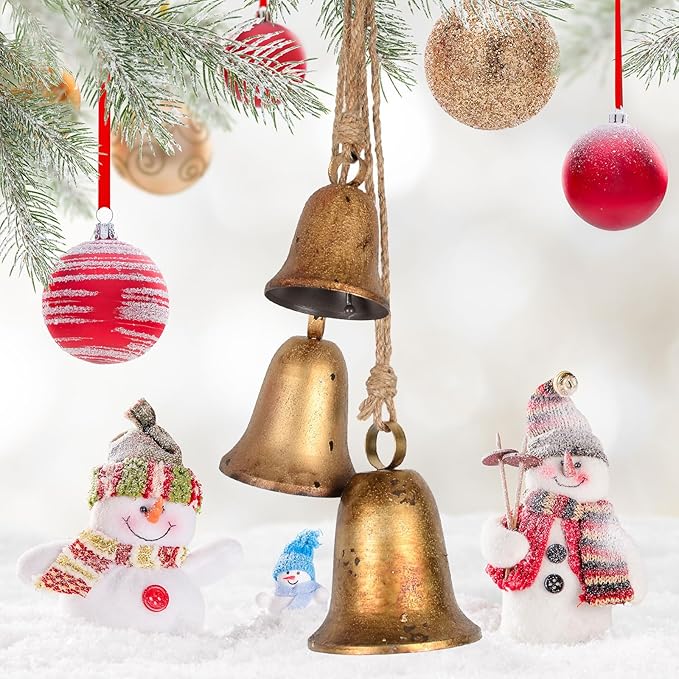 Styleonme Decorative Bells, Classic Bell-Shaped Bell, Vintage Handmade and Rustic Lucky Christmas Bells Hanging on a Rope, Gifts for Mom, Grandma, and Women