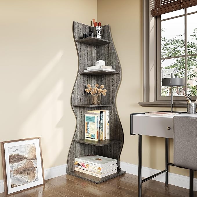 LITTLE TREE 70-Inch Corner Shelf, Seaweed Shaped Etagere Display Bookshelf, Freestanding 5-Tier Wall Shelves for Small Spaces, Living Room, Bedroom, Grey, 1 Pack