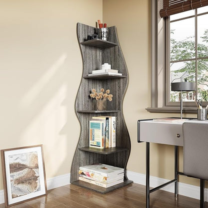 LITTLE TREE 70-Inch Corner Shelf, Seaweed Shaped Etagere Display Bookshelf, Freestanding 5-Tier Wall Shelves for Small Spaces, Living Room, Bedroom, Grey, 1 Pack