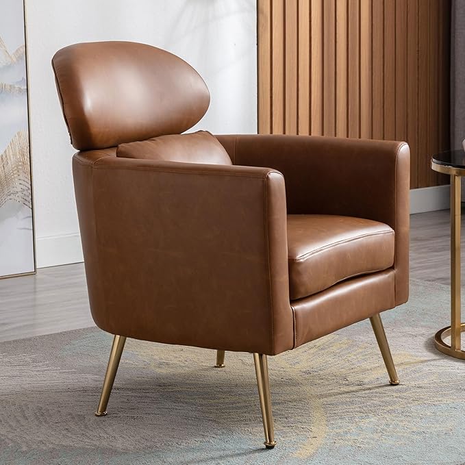 Brown Accent Chair PU Leather Upholstered Living Room Chairs Mid Century Modern Arm Chair w/Golden Legs for Bedroom/Reading/Lounge/Reception