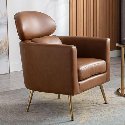 Brown Accent Chair PU Leather Upholstered Living Room Chairs Mid Century Modern Arm Chair w/Golden Legs for Bedroom/Reading/Lounge/Reception
