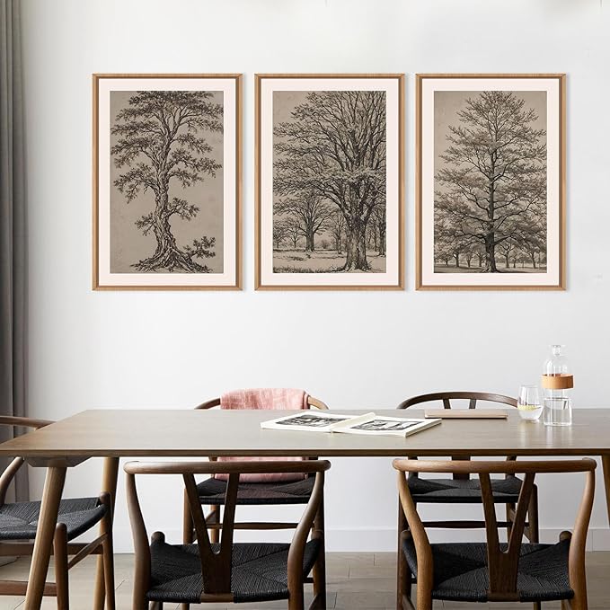 HOURIA Vintage Tree Sketch Framed Canvas Wall Art Set,Natural Brown and Gray Woodland Wall Decor,Mid Century Nature Forest Artwork,Textured Botanical Art Print for Living Room,Bedroom,Office-16"x24"x3