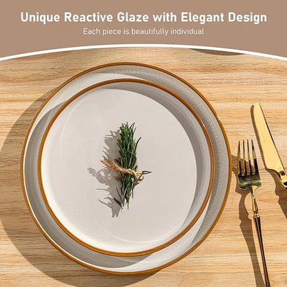 GBHOME Stoneware Dinnerware Sets for 8, Round Reactive Glaze Ceramic Plates and Bowls Set, Highly Scratch Resistant | Dishwasher & Microwave Safe Set，Service for 8（24pcs)