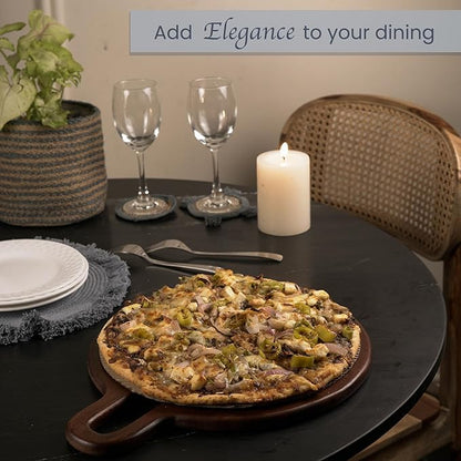 The Fine Living Co. Walnut Round Serveware Board with Handle, Charcuterie Boards, Acacia Wood 0.6" Thick Board, Bread Board for Serving Meat, Cheese, Pizza Peel, Food-grade, 15" × 12"