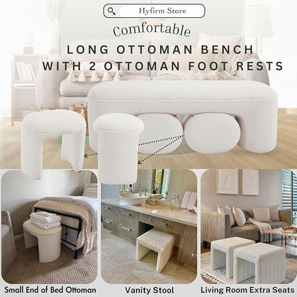 3-Piece Nesting Upholstered Bench with 2 Stools, 53" Chenille Accent Chair Waterfall Bench Modern End of Bed Entryway Bench Bedroom Bench for Living Room Vanity, White, No Need to Install