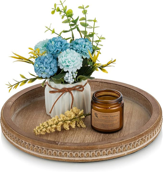 Hanobe Decorative Serving Tray Round: Brown Beaded Trays for Rustic Wooden Decor Farmhouse Vintage Centerpiece for Living Room Kitchen Counte