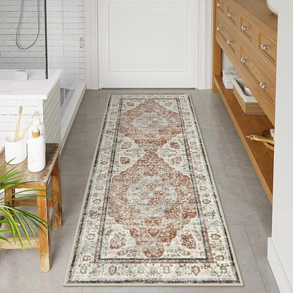 Uphome Bathroom Runner, Distressed Tribal Farmhouse Orange Bathroom Mat, Large Bathroom Rugs Non Slip Washable, Oriental Retro Boho Bath Mat Runner for Bathtub Sink Laundry, 24x59 inch