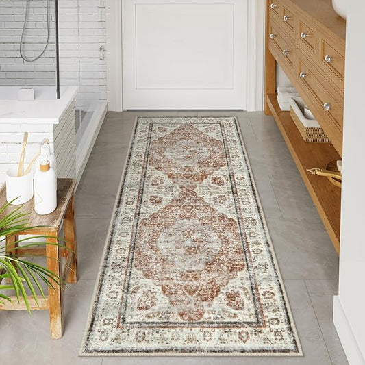 Uphome Bathroom Runner, Distressed Tribal Farmhouse Orange Bathroom Mat, Large Bathroom Rugs Non Slip Washable, Oriental Retro Boho Bath Mat Runner for Bathtub Sink Laundry, 24x59 inch