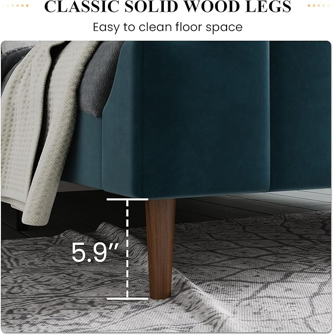 SHA CERLIN Upholstered Queen Size Bed Frame with Modern Curved Velvet Wingback Headboard/Heavy Duty Wood Platform Bed with Strong Wood Slat Support/No Box Spring Needed, Blue