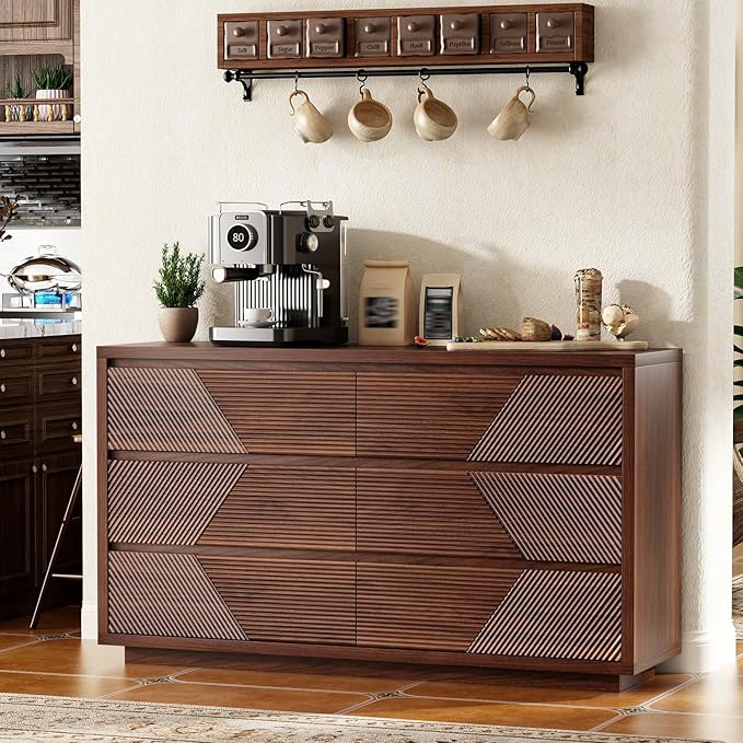 55.12" Modern Chest of Drawer, 6 Deep Drawers,Clothes Organizer,Large Storage Cabinet for Living Room, Bedroom,Dresser TV Stand, Wood Drawer Organizer for Living Room, Hallway, Walnut