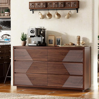 55.12" Modern Chest of Drawer, 6 Deep Drawers,Clothes Organizer,Large Storage Cabinet for Living Room, Bedroom,Dresser TV Stand, Wood Drawer Organizer for Living Room, Hallway, Walnut