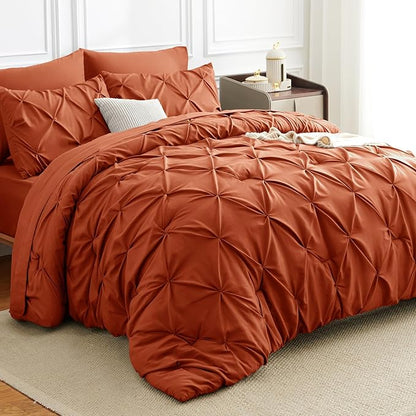 CozyLux King Size Comforter Set Burnt Orange, 7 Pieces Bed in A Bag Terracotta Comforter King Size, Pinch Pleat Bedding Set with All Season Comforter, Sheets, Pillowcases & Shams