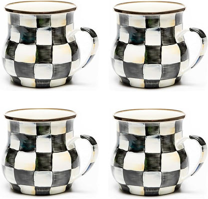 MACKENZIE-CHILDS Enamel Mug, Cute Enamelware Coffee and Tea Mug, Unique Drinkware, 16 Ounces, Black-and-White Courtly Check, Set of 4