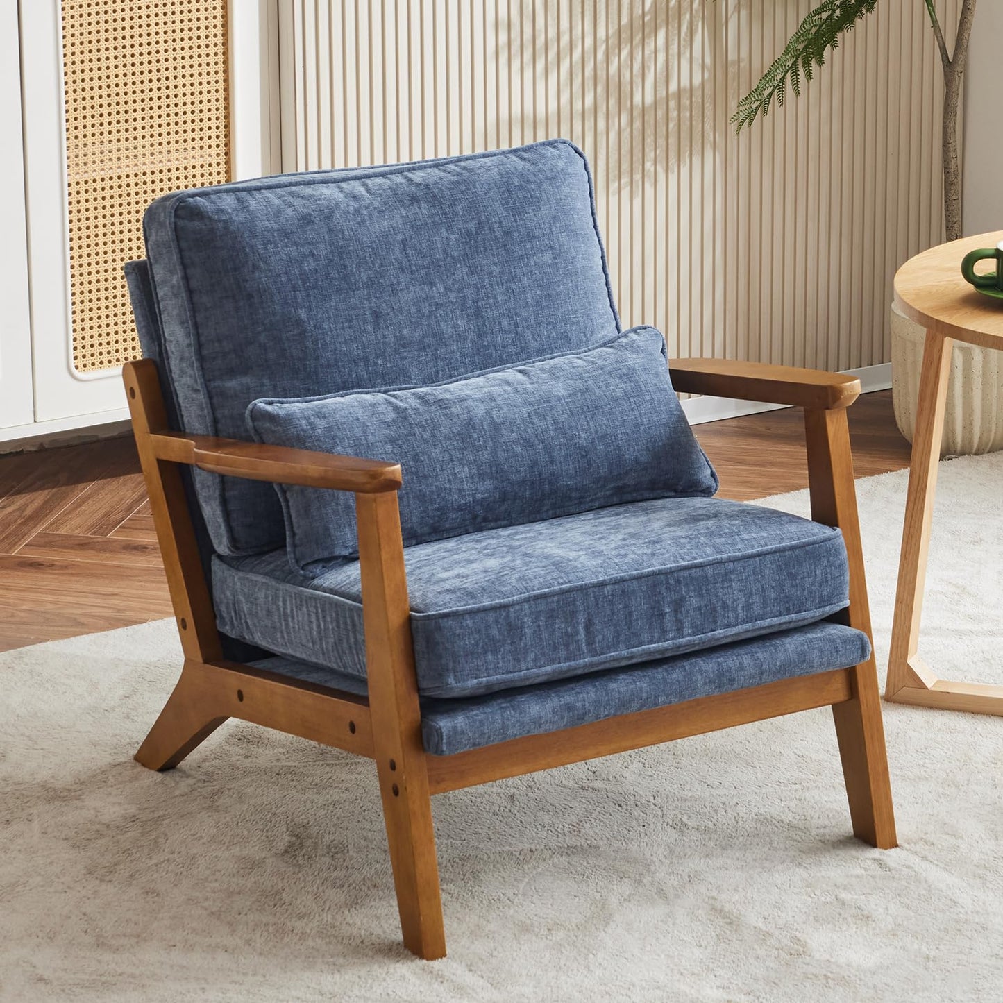 VINGLI Solid Wood Wide Armrests Accent Chair,Upholstered Mid Century Modern Chair with Pillow,Comfy Reading Chair Farmhouse Arm Chair,Chairs Living Room,Bedroom,Guest Room,Teddy Fleece,Khaki