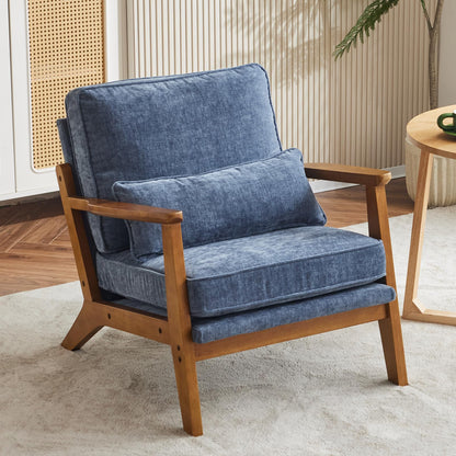 VINGLI Solid Wood Wide Armrests Accent Chair,Upholstered Mid Century Modern Chair with Pillow,Comfy Reading Chair Farmhouse Arm Chair,Chairs Living Room,Bedroom,Guest Room,Teddy Fleece,Khaki