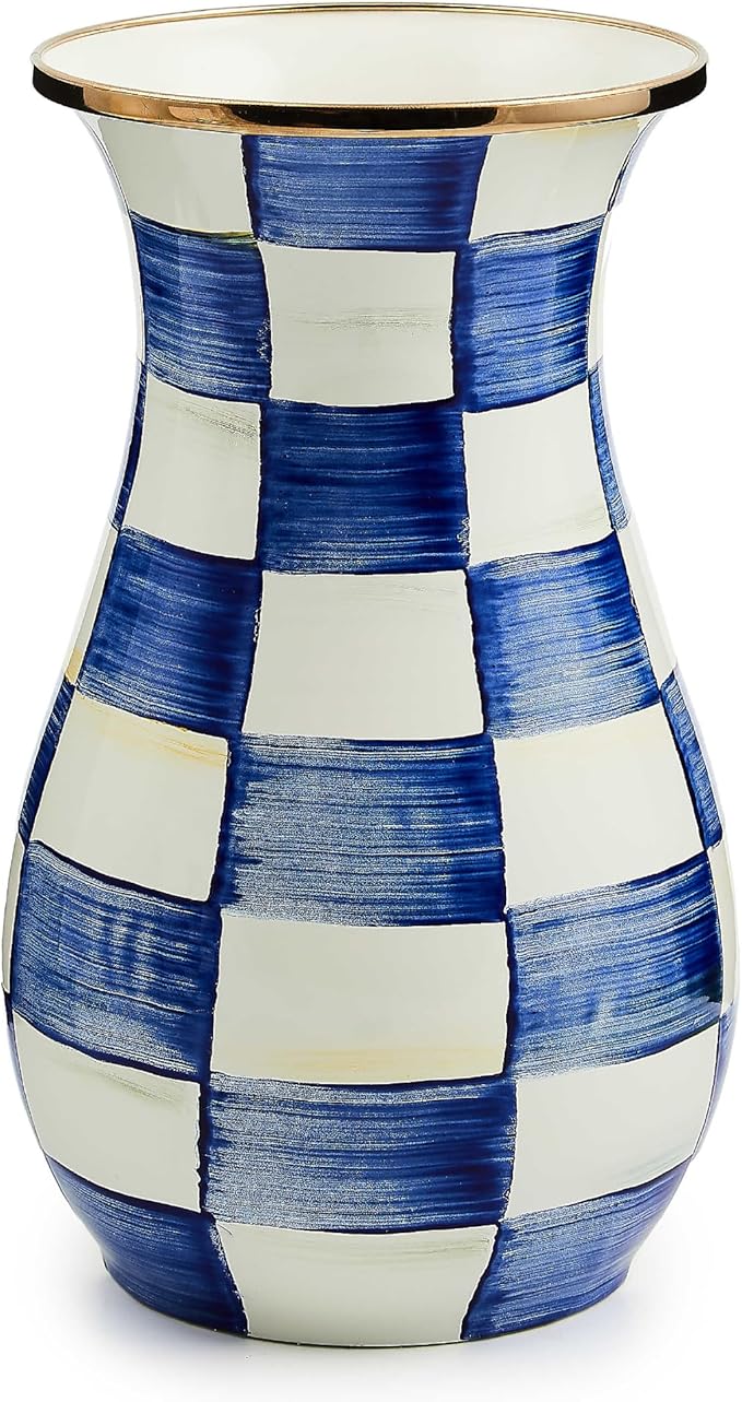 MACKENZIE-CHILDS Tall Enamel Vase, Unique Flower Vase, Decorative Table Decor for Living Room, Blue-and-White Royal Check