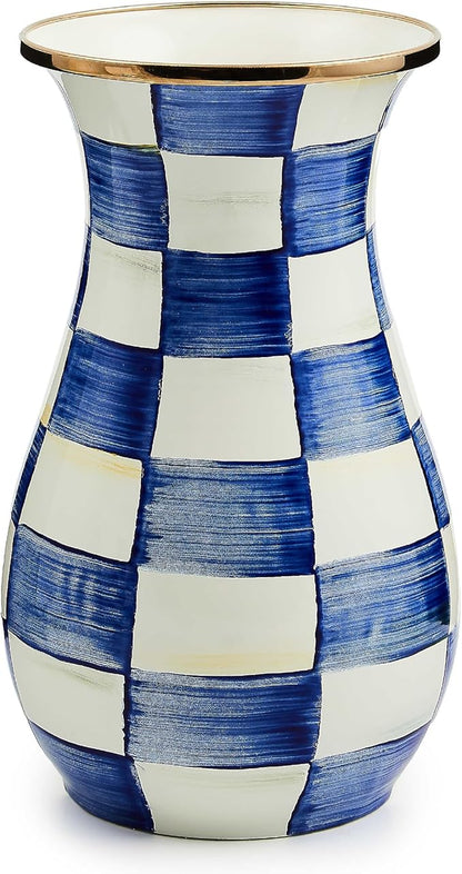 MACKENZIE-CHILDS Tall Enamel Vase, Unique Flower Vase, Decorative Table Decor for Living Room, Blue-and-White Royal Check