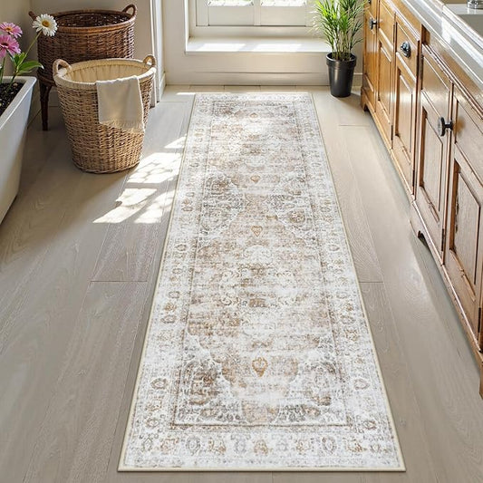Uphome Bathroom Runner Rug, Distressed Tribal Farmhouse Light Khaki Bathroom Mat, Large Bathroom Rugs Non Slip Washable, Oriental Retro Boho Bath Mat Runner for Bathtub Sink Hallway, 24x71 inch