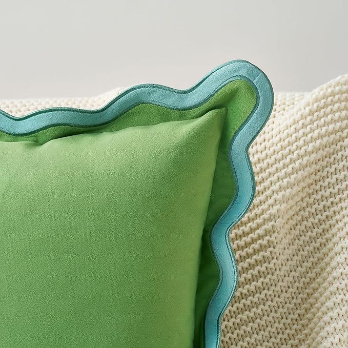 MONDAY MOOSE Decorative Throw Pillow Covers Cushion Cases, Set of 2 Soft Velvet Scalloped Wavy Edge Designs, Pillow Inserts Not Included (Light Blue/Light Green, 20x20 inch)