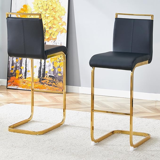 Counter Height Bar Stools Set of 2,Bar Stools with Back,30" Black Island Chairs with Gold Chrome Plated Metal Leg,Faux Leather Barstools for Pub Kitchen Counter Dining Chair