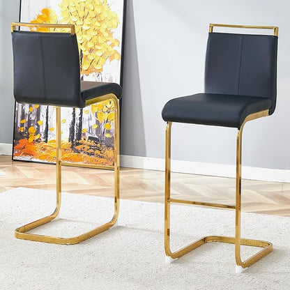 Counter Height Bar Stools Set of 2,Bar Stools with Back,30" Black Island Chairs with Gold Chrome Plated Metal Leg,Faux Leather Barstools for Pub Kitchen Counter Dining Chair