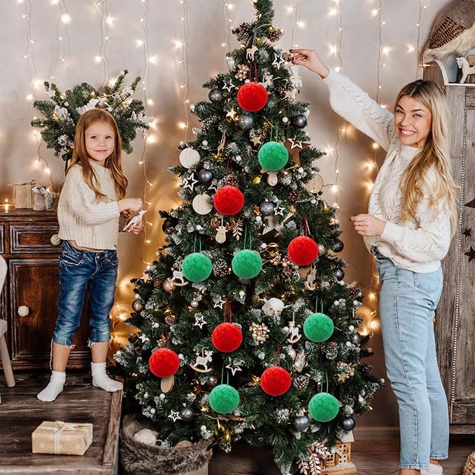 24 Pcs Red Green Fur Christmas Ornaments 3.15 Inch Pom Pom Ball Lime Green Hanging Decoration Fuzzy Fluffy Christmas Tree Decorations for Xmas Tree Wreath Home DIY Craft Gift Party Decor