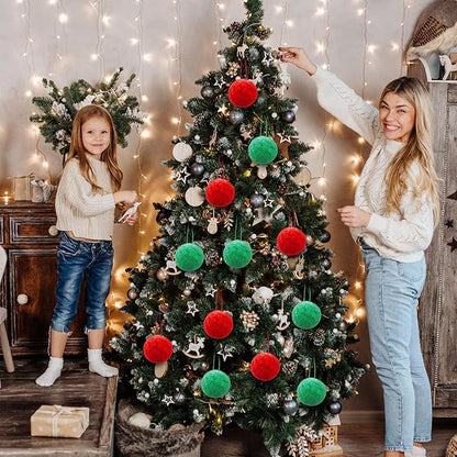 24 Pcs Red Green Fur Christmas Ornaments 3.15 Inch Pom Pom Ball Lime Green Hanging Decoration Fuzzy Fluffy Christmas Tree Decorations for Xmas Tree Wreath Home DIY Craft Gift Party Decor