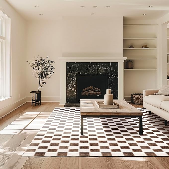 EVERGRACE Checkered Plaid Area Rug, 9x12, Soft Faux Wool, Washable, Anti Slip, Large Carpet for Entryway, Bedroom, Living Room, Hallway, Kitchen, Dining Room, Dark Brown