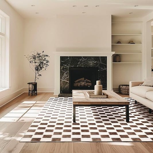 EVERGRACE Checkered Plaid Area Rug, 9x12, Soft Faux Wool, Washable, Anti Slip, Large Carpet for Entryway, Bedroom, Living Room, Hallway, Kitchen, Dining Room, Dark Brown