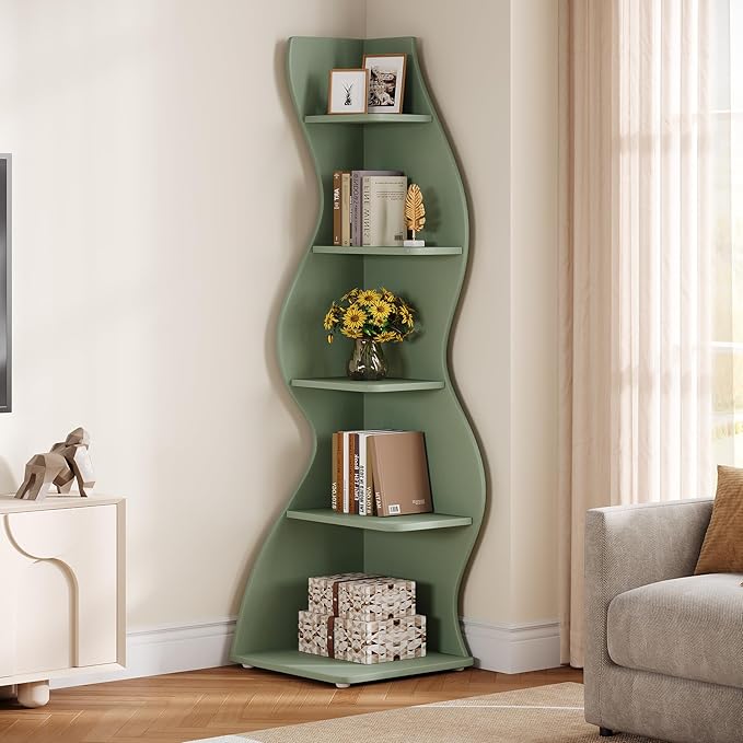 Tribesigns Wavy Corner Shelf, Modern 5-Tier Bookshelf Bookcase with Curvy Shape, Unique Plant Stand Display Rack for Living Room Small Space (Green)
