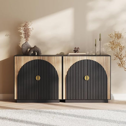 BELLEZE Modular Fluted Sideboard Buffet Cabinet with Storage, Mid-Century Modern Console Table with Symmetrical Arched Doors, Elegant Credenza for Dining Room, Kitchen, and Living Room, Camel