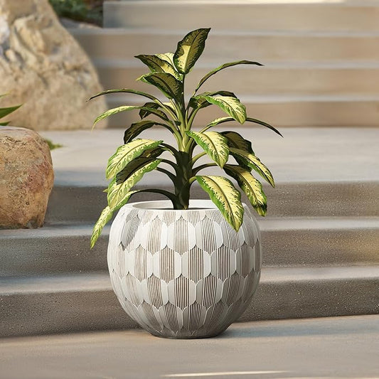 LuxenHome 14" Dia Round Concrete Planter, Indoor Outdoor Large Plant Pot with Drainage Hole and Rubber Plug, Flower Pot for Plants, Modern Geometric Weathered Planter Pot for Home Patio Garden
