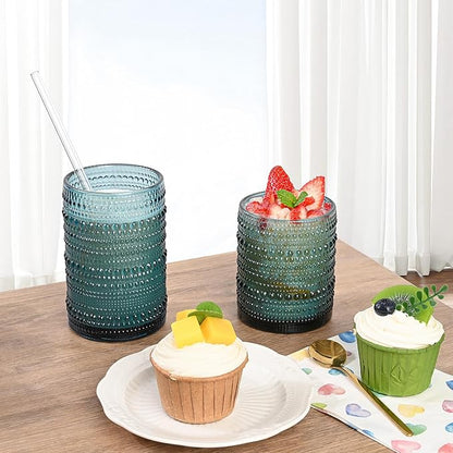 Vintage Hobnail Drinking Glasses Set of 8,Colored 12 oz & 15oz Highball Glass Cups, Kitchen Drinkware Glassware